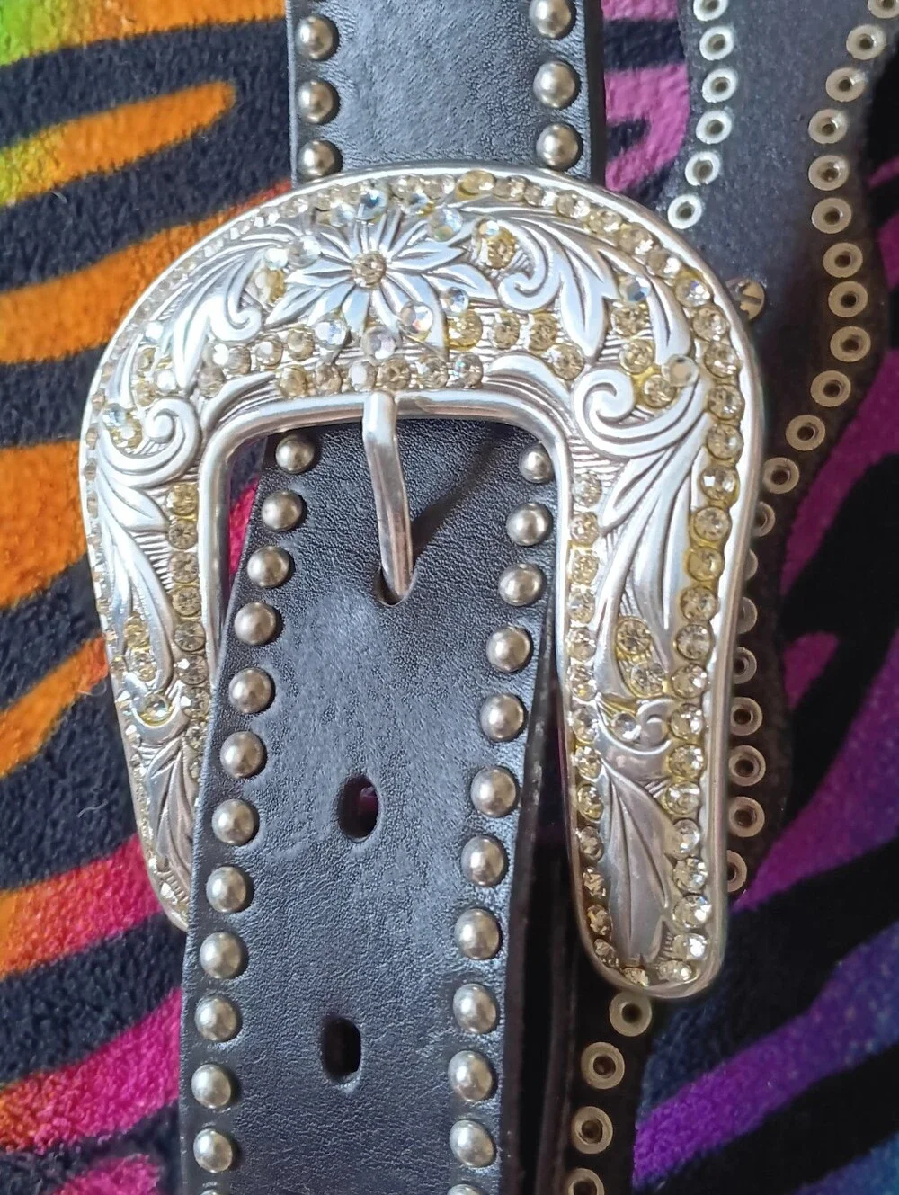 🖤 Nocona Belt Co Floral Western Scalloped Rhinestone Studded Leather XL Black